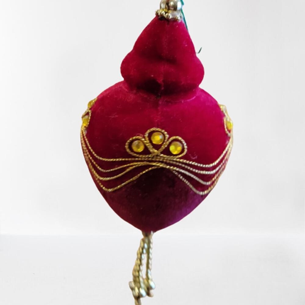 Vintage artisan beaded red velour Christmas ornament shiny gold /red velour